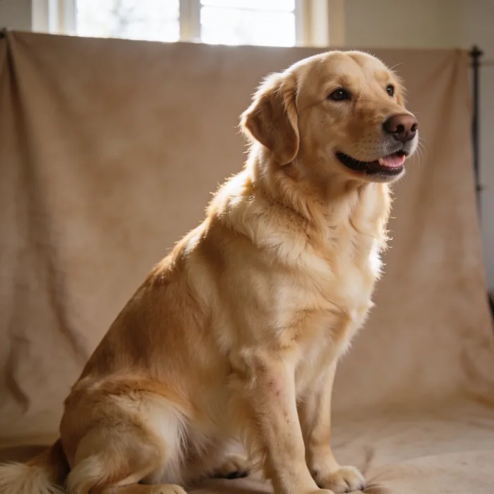 Freshly groomed golden retriever with a soft shining coat against a warm taupe backdrop
