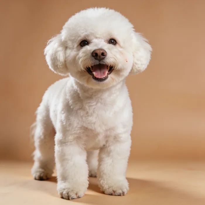 White bichon frise with a rounded teddy-bear cut smiling against a warm sand backdrop