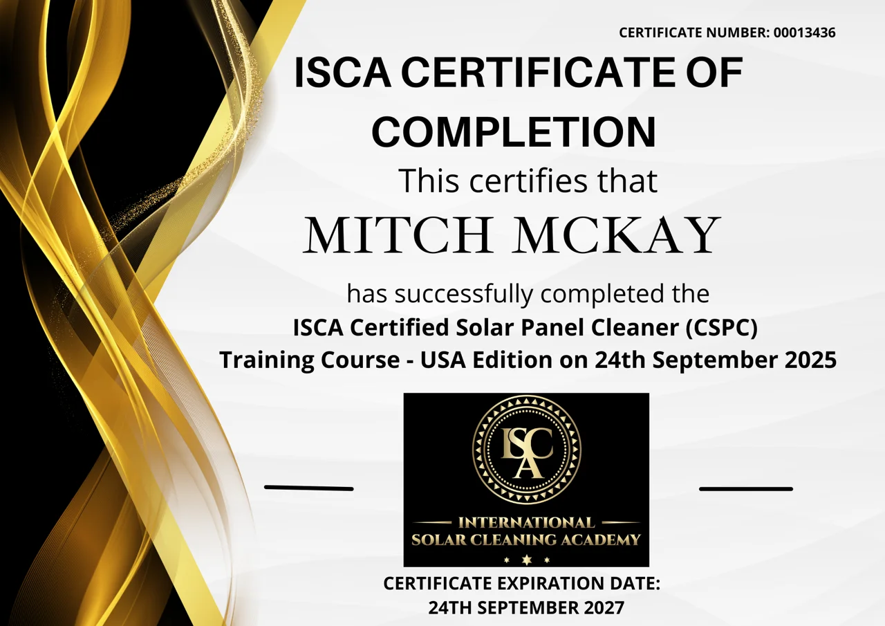 ISCA Certified Solar Panel Cleaning Specialist Certificate, Mitch McKay, certified September 2025, Certificate #00013436