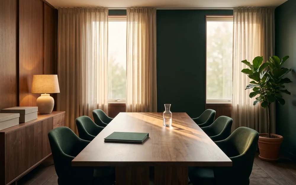 A quiet law-office meeting room with a long walnut table, green chairs and a lamp in late afternoon light, from the Wrenfield design concept