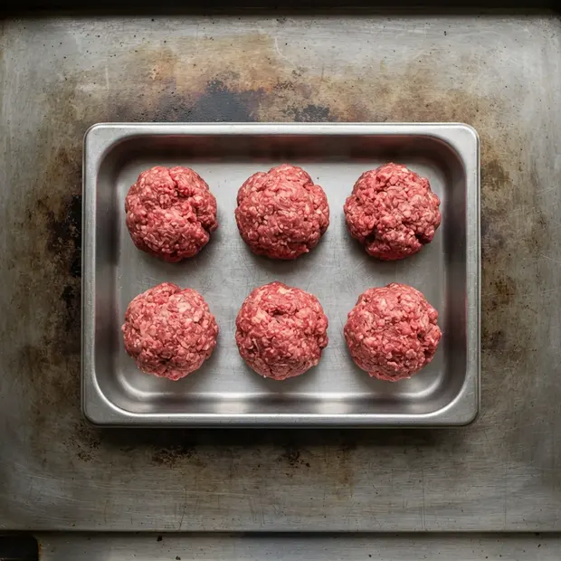 Concept imagery: six balls of fresh ground beef in a steel tray, seen from above