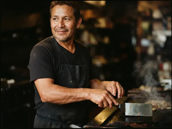 Concept imagery: Marco Reyes, AI-generated, smiling at the griddle mid-shift