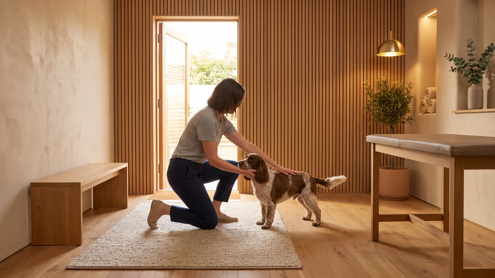 A person kneeling in a sunlit doorway, one hand under the chin and one on the shoulder of a freshly groomed spaniel leaning into them.