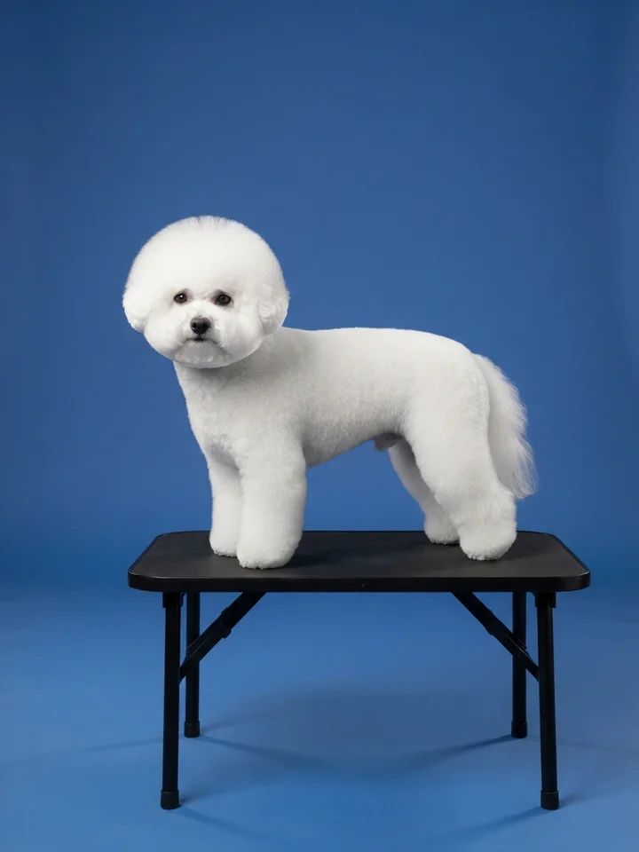A white bichon frise scissored to a round, even outline, standing square on a black table against a royal-blue backdrop.