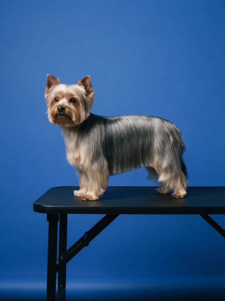 A Yorkshire terrier with a long, straight, glossy steel-blue and tan coat standing square on a black table against a royal-blue backdrop.
