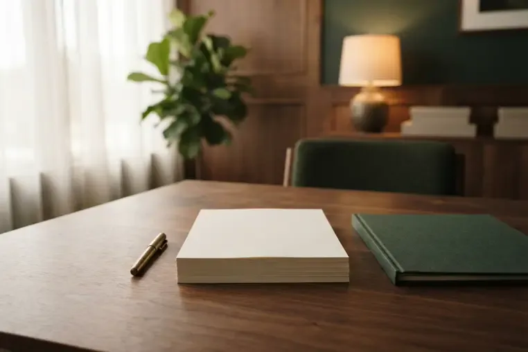 Concept imagery: a short stack of blank paper and a capped brass pen on a walnut table