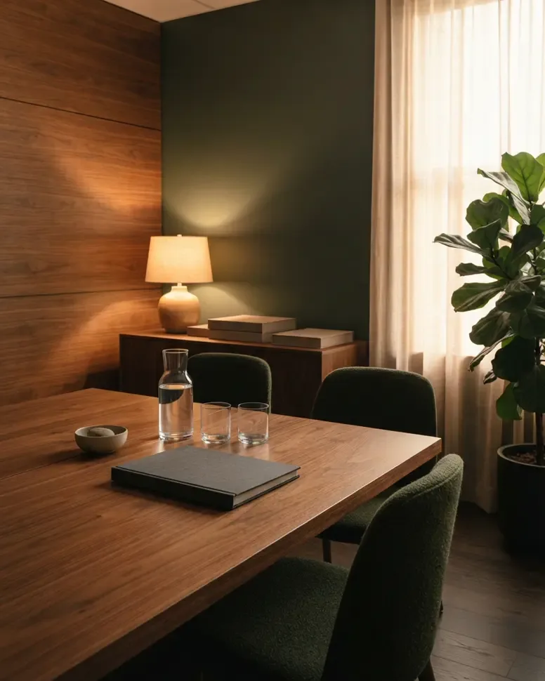 Concept imagery: a quiet meeting room with a walnut table, green chairs and a lamp glowing in late afternoon light